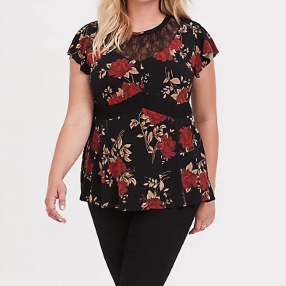 Torrid Studio Knit Crew Neck Lace Inset Short Sleeve Peplum Top size 1x